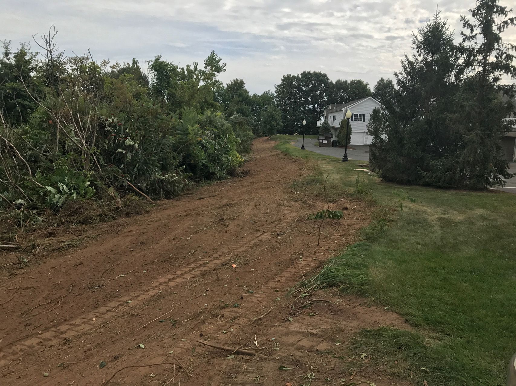 Dirt road winding through a green rural area under a cloudy sky, with a house in the distance