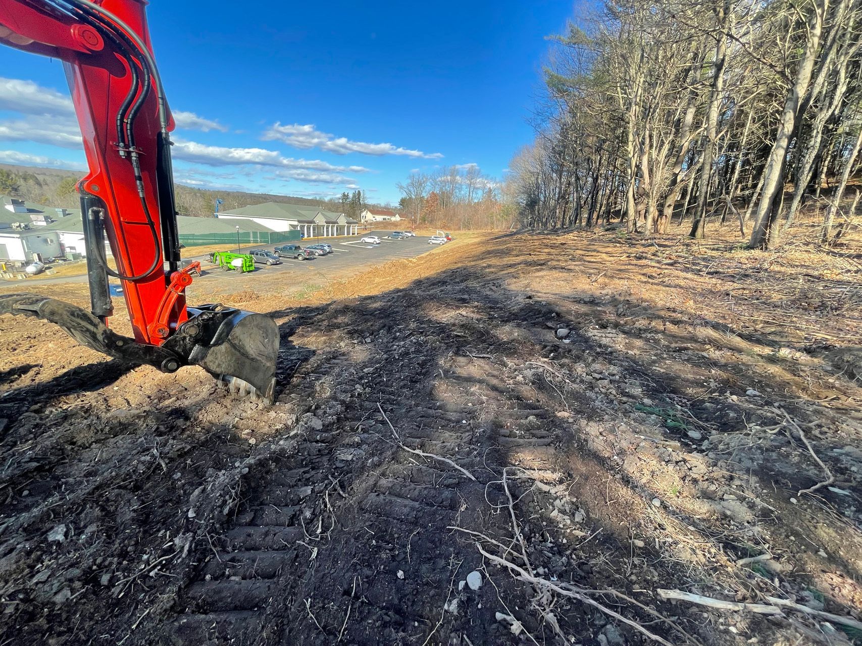 Red excavator on a dirt construction site beside a cleared wooded area under a blue sky