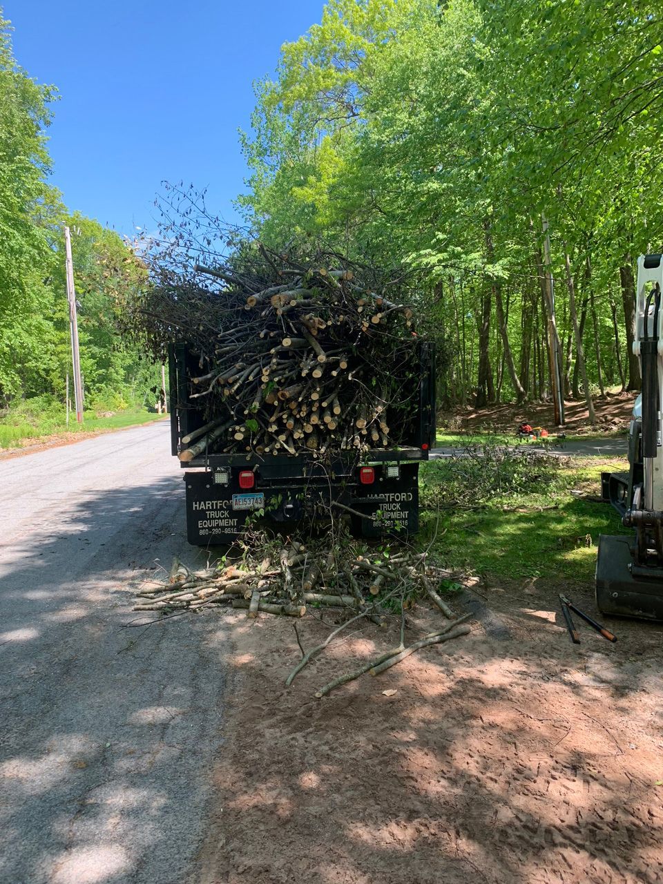 Pickup truck piled high with branches on a sunny roadside beside trees