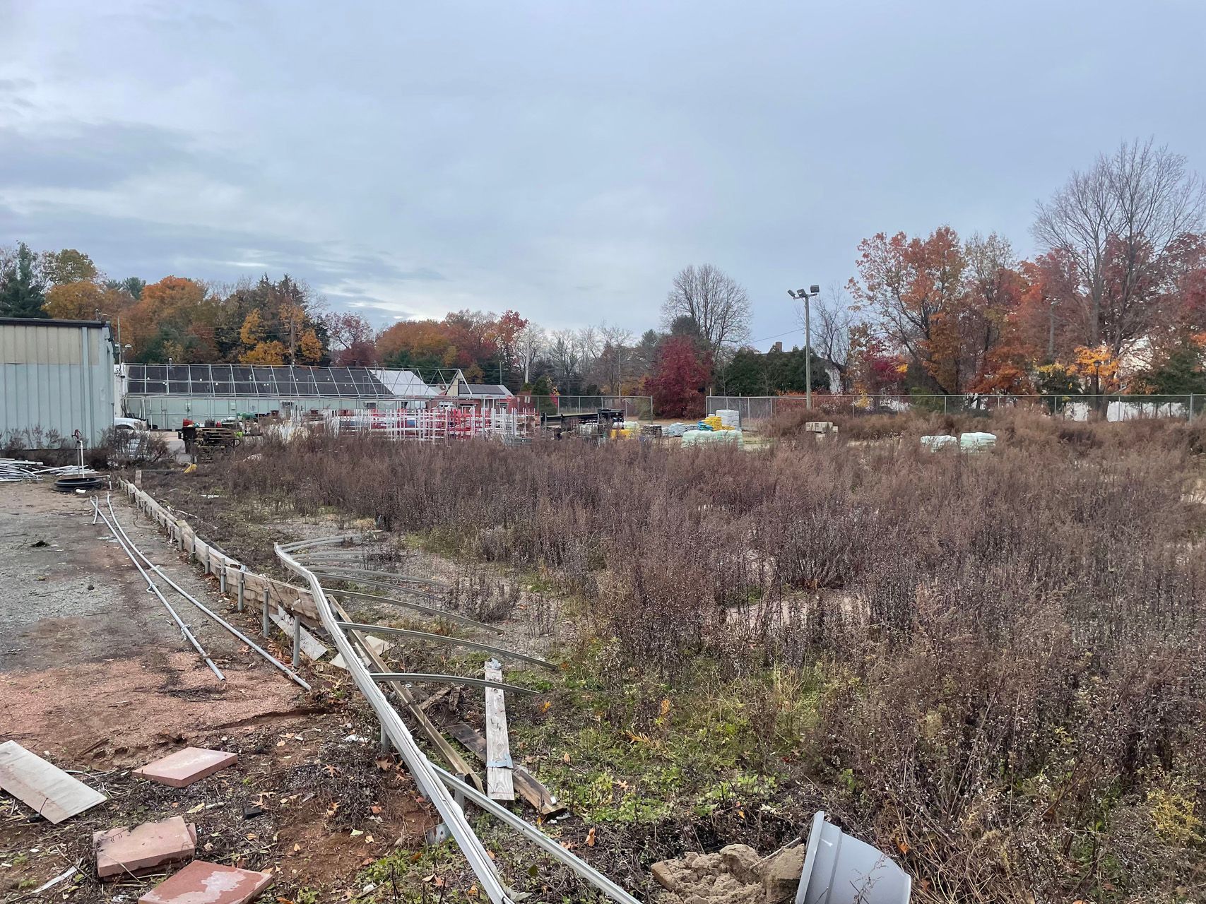 Overgrown vacant lot with pipes in foreground and autumn trees under a cloudy sky