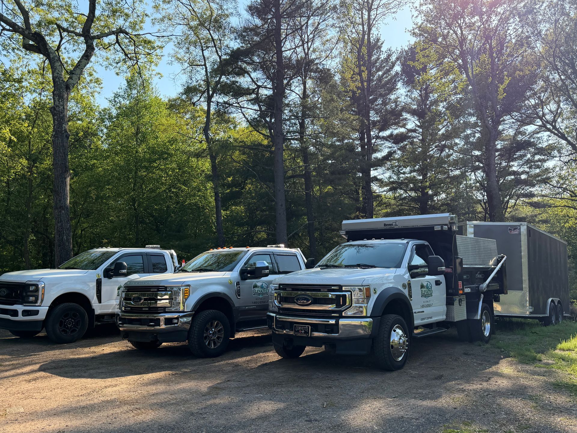 Three utility trucks parked on a sunny forest road, one towing a trailer