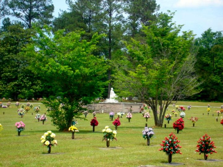 Rows of colorful flower bouquets on a green lawn with trees and a white monument in the background