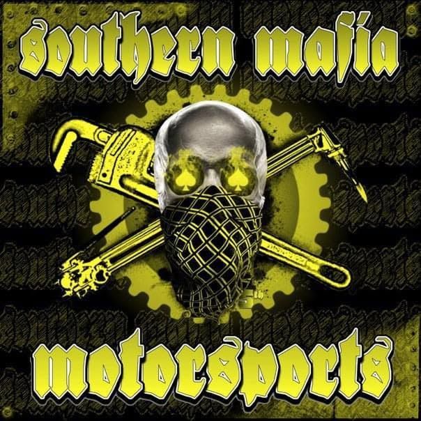 Yellow graffiti-style logo with skull and crossed tools, reading &ldquo;Southern Mafia Motorsports&rdquo; on black background