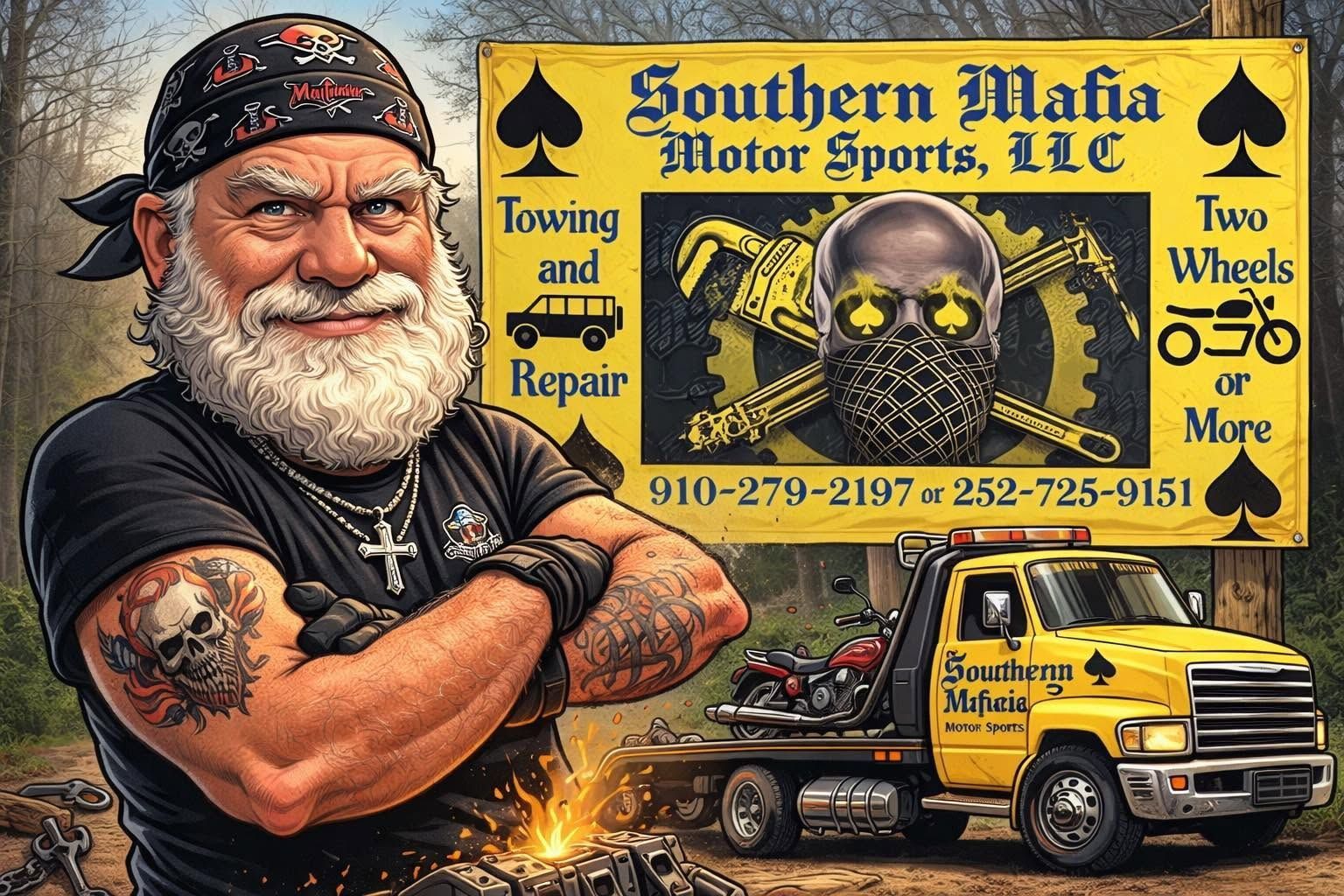 Southern Mafia Motor Sports LLC logo with bearded mechanic, tow truck, yellow van, and automotive repair text
