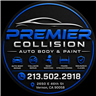 Logo for Premier Collision Auto, featuring text and an image of a spray gun and car outline in blue and white.