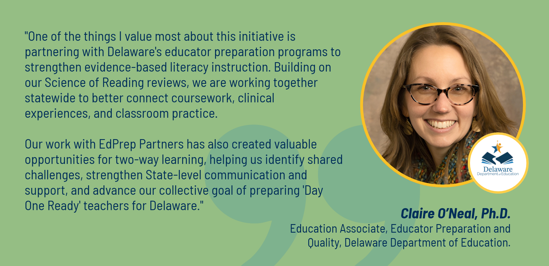 Quote from Claire about Delaware's Science of Reading review and technical assistance work.
