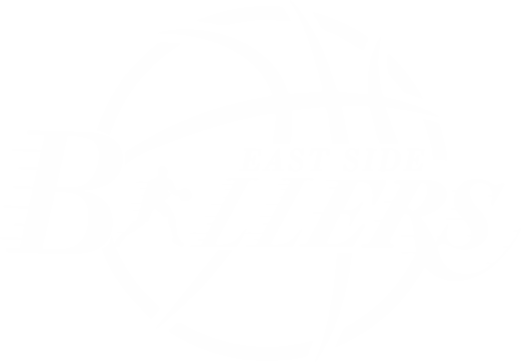 A white logo with text, and a circular outline. The text is