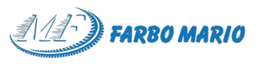 Logo FARBO MARIO blu e bianco con iniziali stilizzate e swoosh circolare