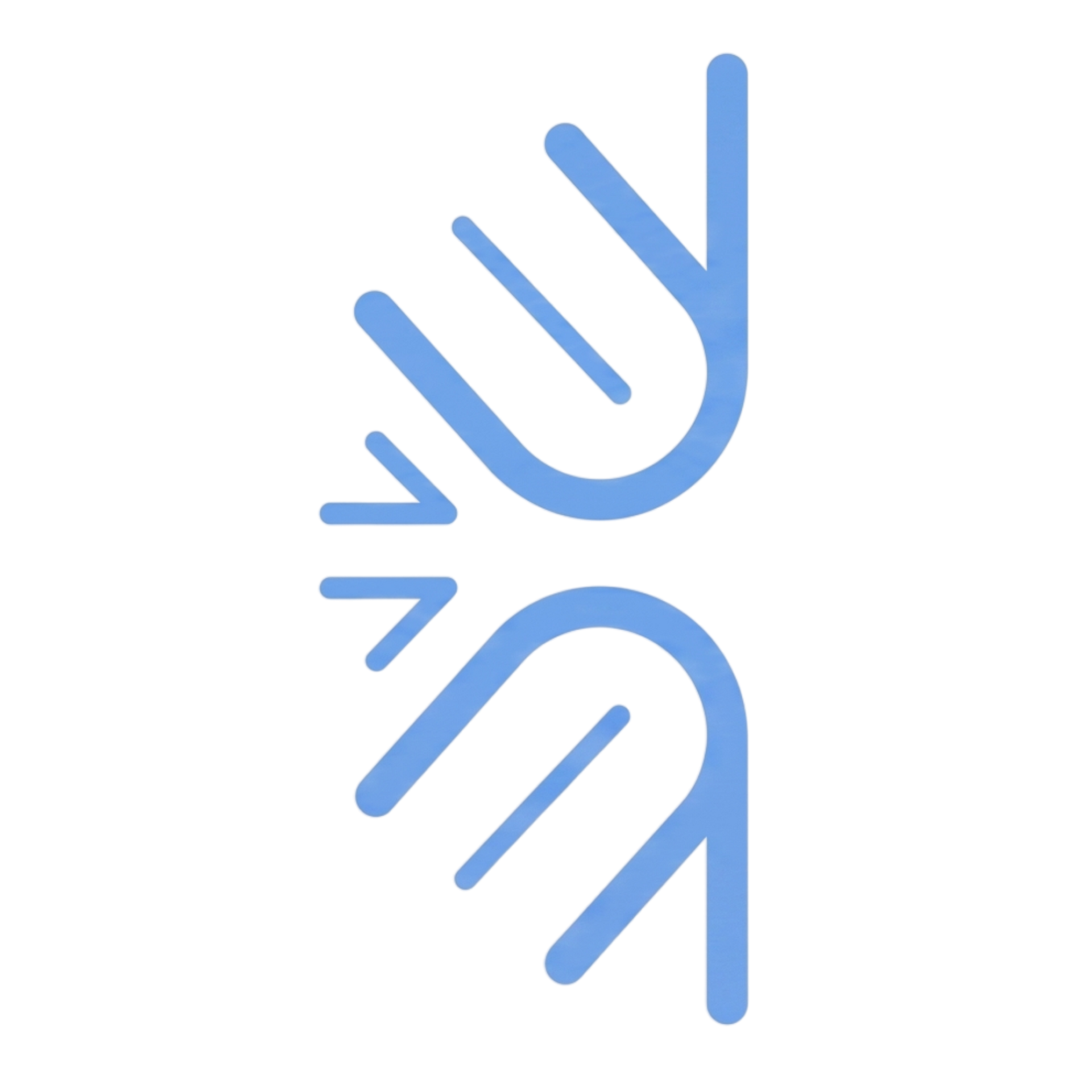 Abstract blue logo of two mirrored hands or branches forming a vertical symbol on a white background