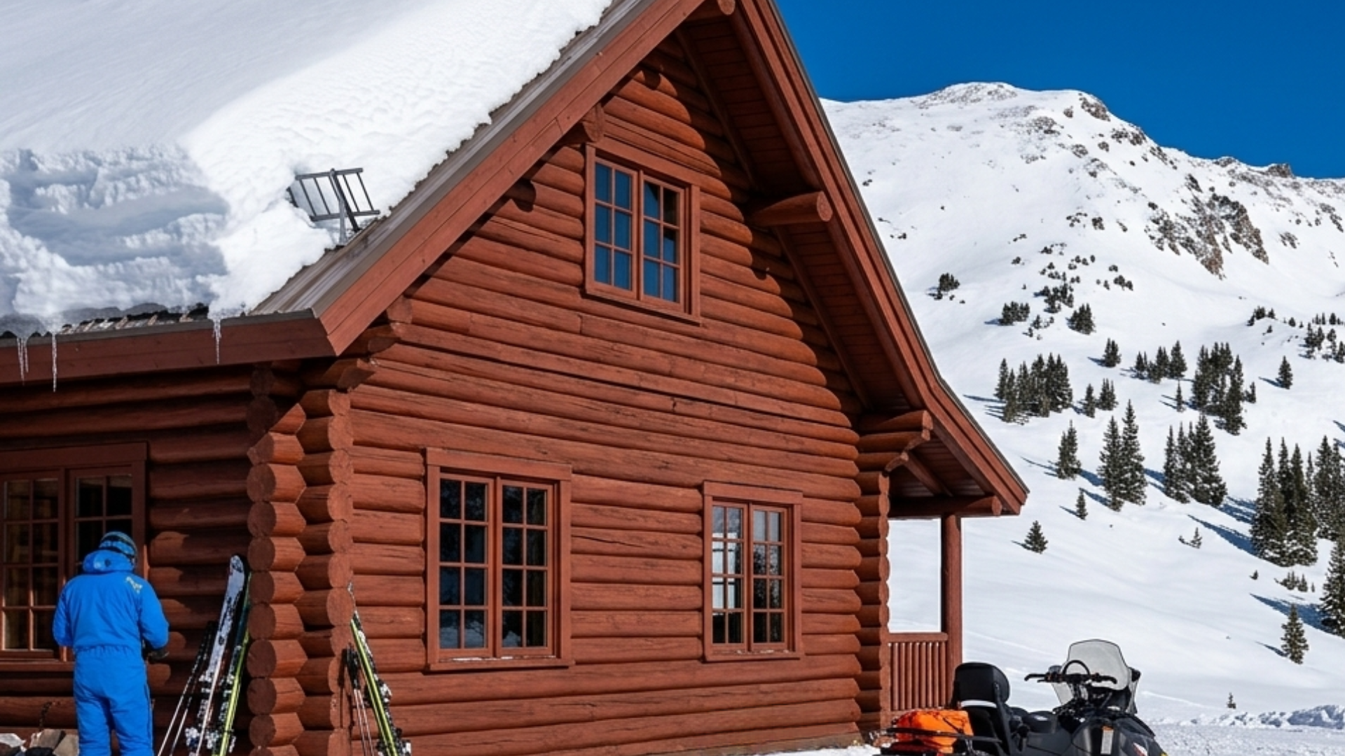 Snow-covered log cabin in the mountains with a person in a blue jacket standing nearby