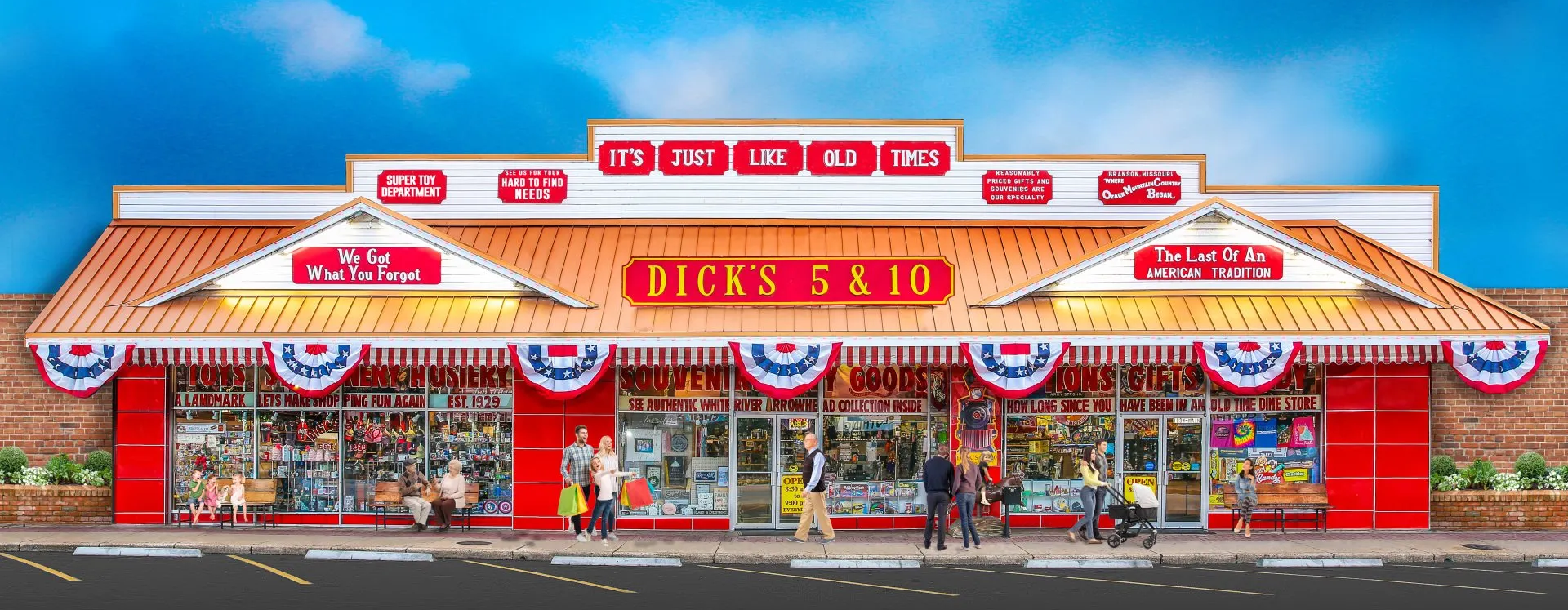 A wide, storefront view of Dick's Sporting Goods with red brick, orange roof, and decorative red, white, and blue bunting.