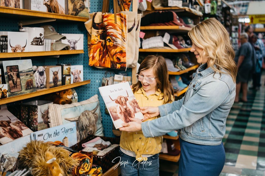 A person and a child look at a picture of a Highland cow in a gift shop filled with animal-themed merchandise.