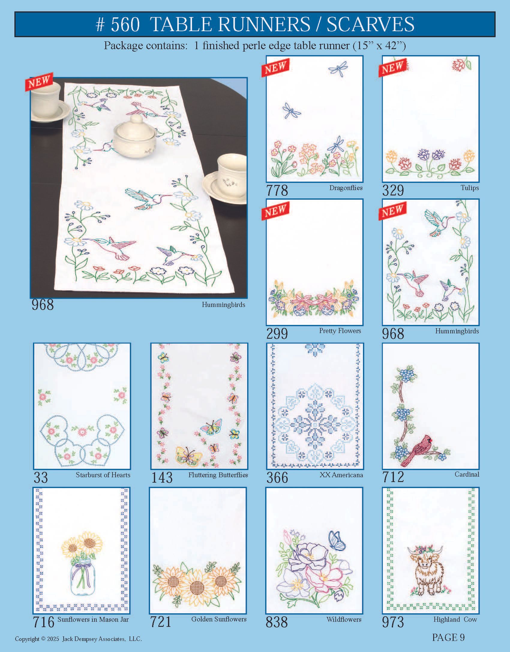A catalog page displaying eight white embroidered scarves and doilies with various floral and patterned designs.