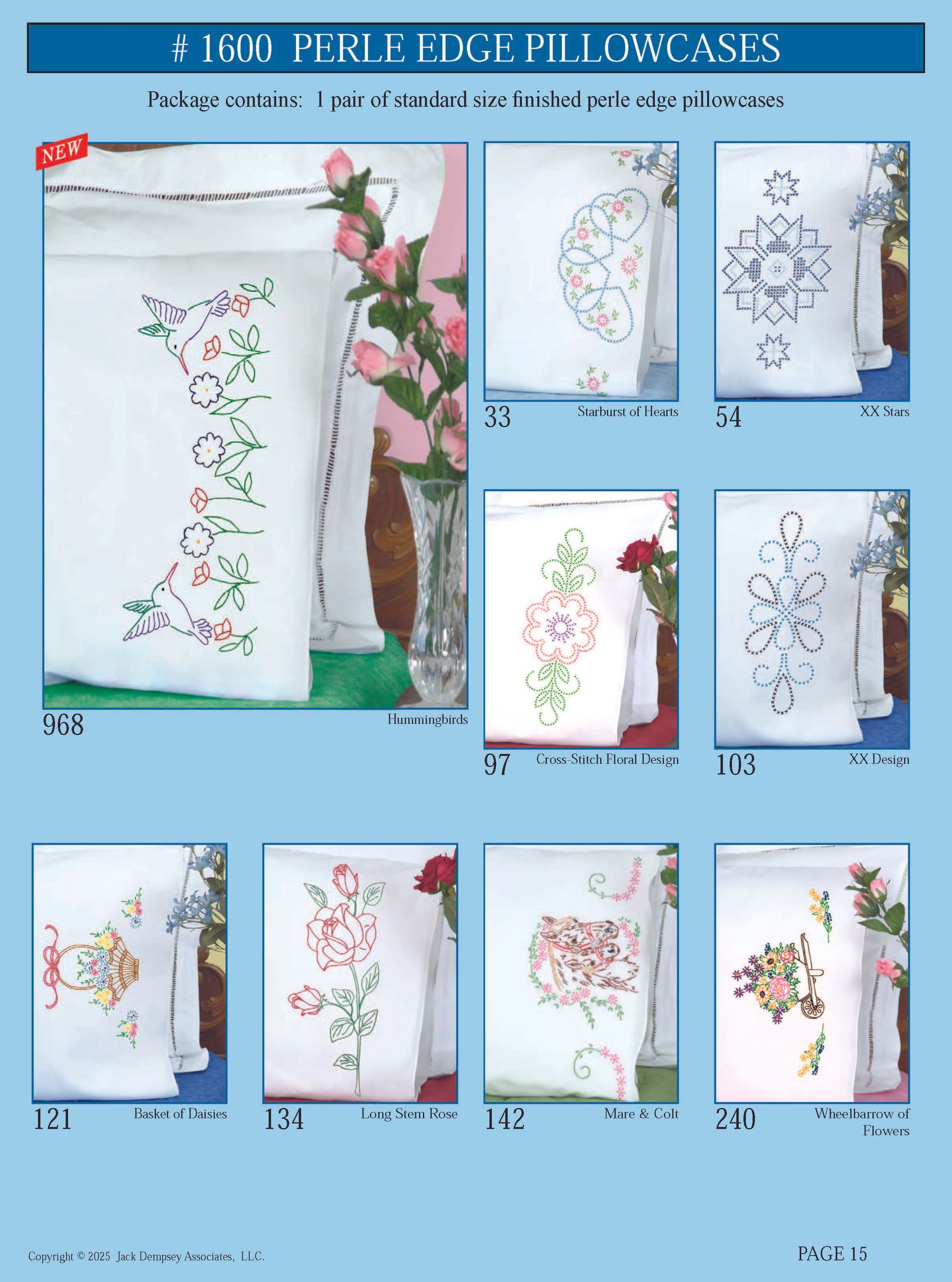 A catalog page displaying eleven different embroidered pillowcase patterns featuring floral and decorative designs.