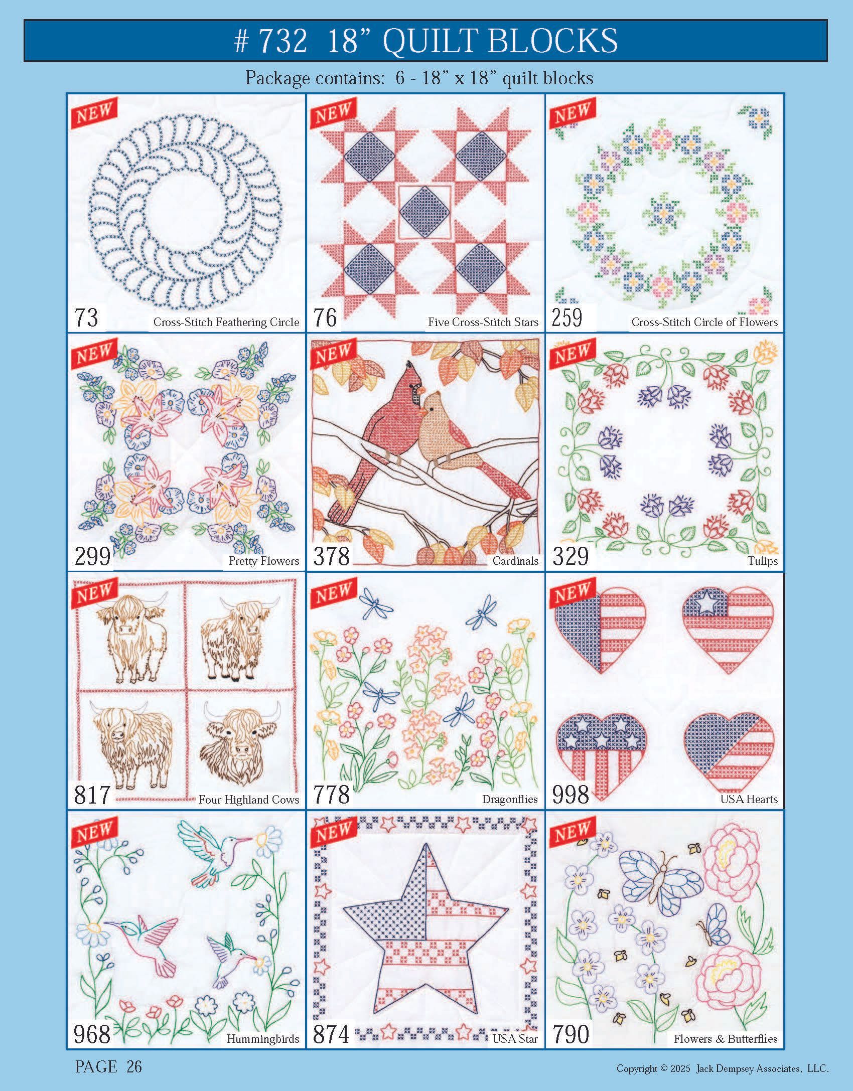 A catalog page showing twelve assorted quilt block embroidery patterns with floral, patriotic, and animal themes.