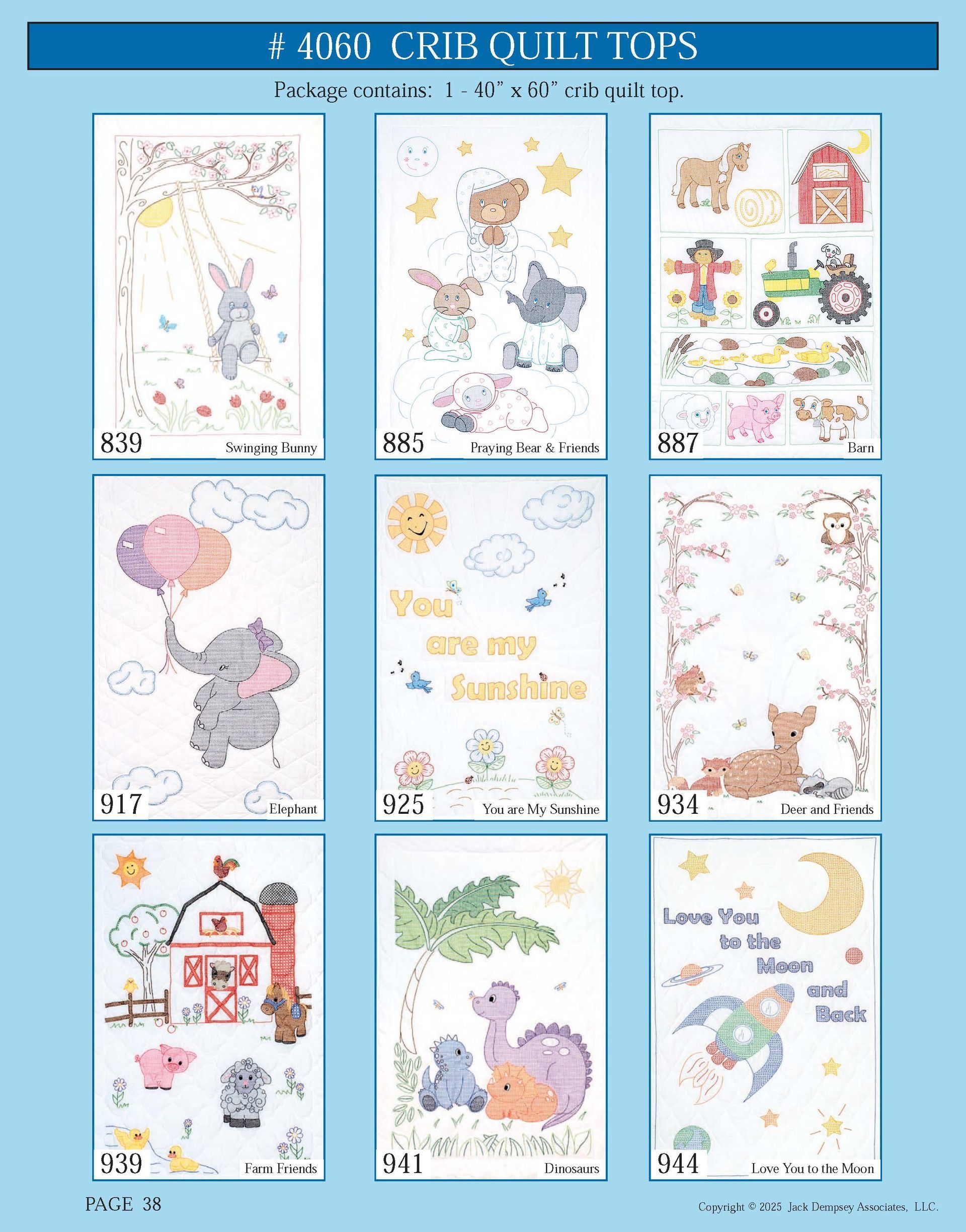 A catalog page of nine illustrated crib quilt tops featuring cute animals, farms, and space themes.