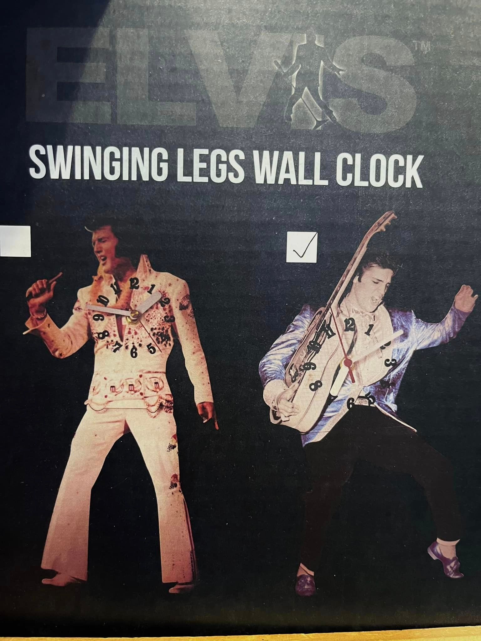 Elvis Swinging Legs Wall Clock product box, featuring two Elvis images on a black background.