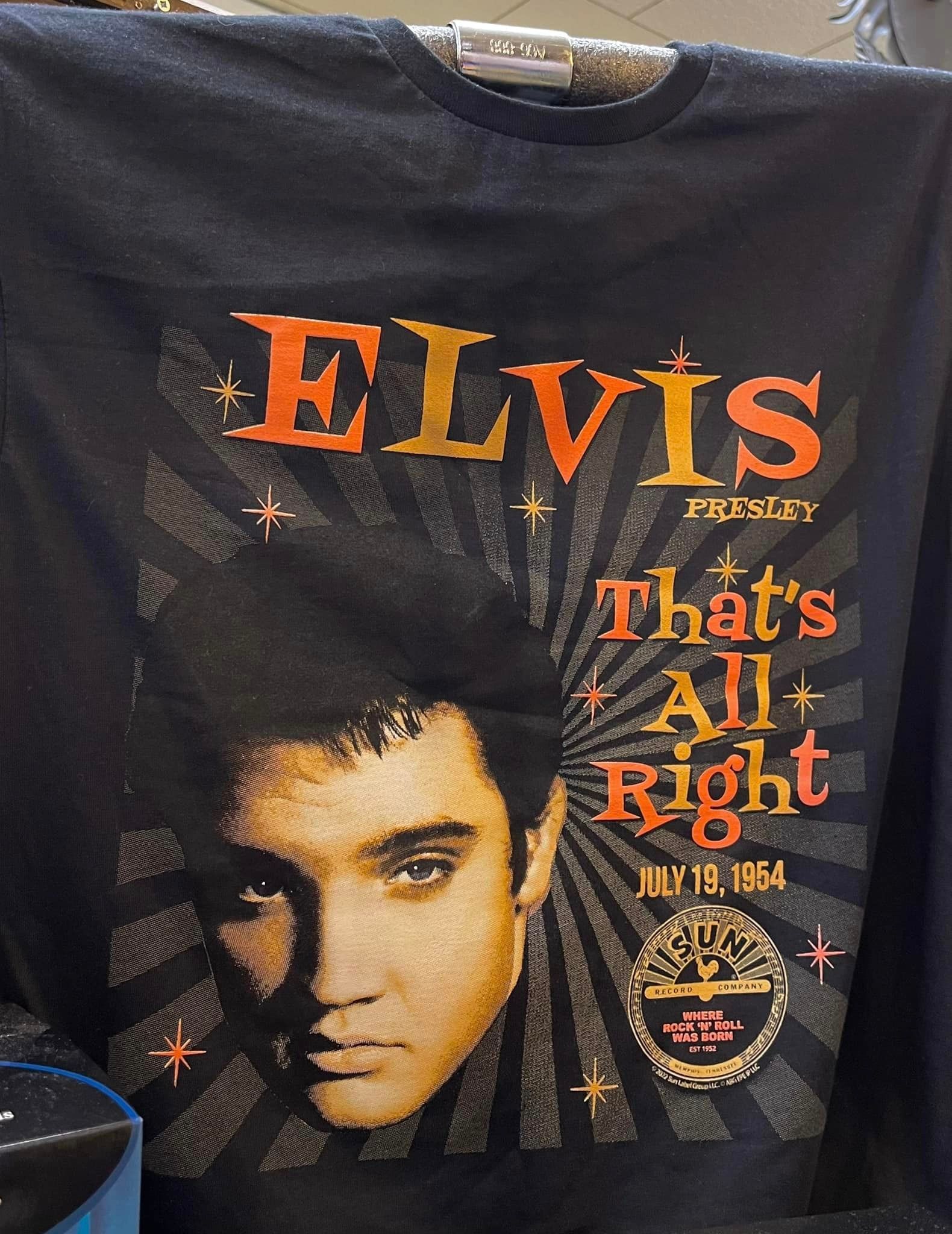 A black t-shirt features a portrait of Elvis, the text 