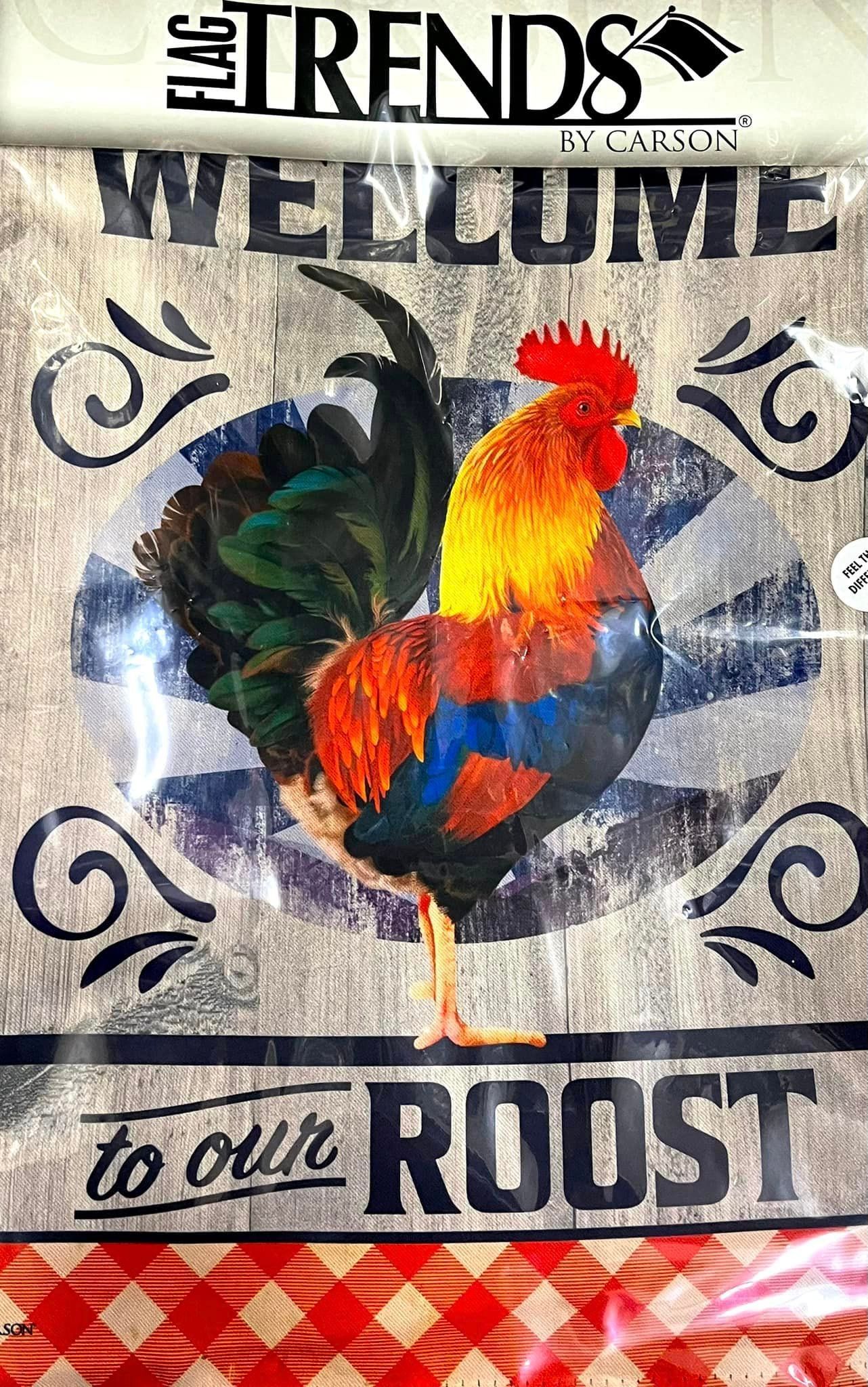 A decorative garden flag featuring a colorful rooster, the text