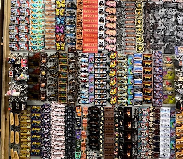 A wall-mounted display rack filled with a variety of colorful, small souvenir magnets and keychains.