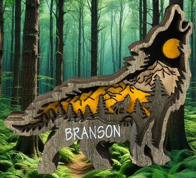 A multi-layered wood cutout of a howling wolf with a mountain, moon, and forest scene, featuring the word BRANSON.