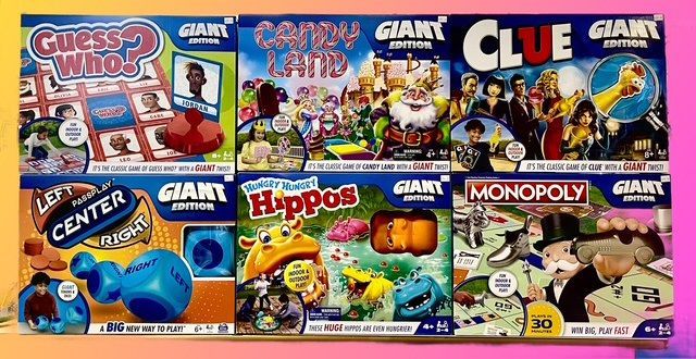 A grid showing six Giant Edition board games: Guess Who, Candy Land, Clue, Left Center Right, Hungry Hippos, and Monopoly.