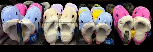 Multiple pairs of colorful, animal-shaped slippers with fuzzy white linings, arranged on store shelves.