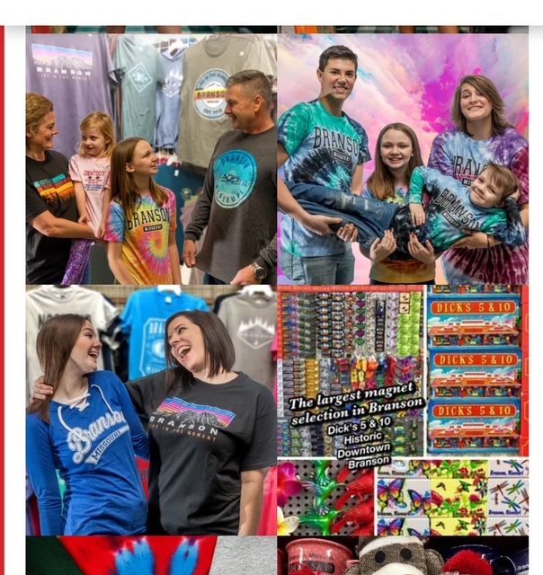 A collage featuring groups of people wearing Branson-branded clothing, a store display of magnets, and retail merchandise.