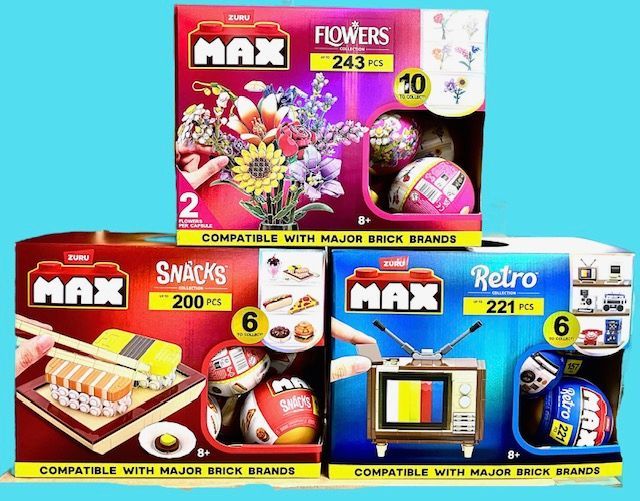 Three MAX brand construction toy sets: Flowers (243 pcs), Snacks (200 pcs), and Retro (221 pcs) in their retail boxes.