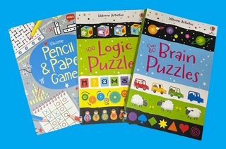 Three Usborne activity books: Pencil & Paper Games, 100 Logic Puzzles, and Over 80 Brain Puzzles.