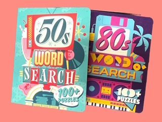 Two word search puzzle books, one themed 50s with a teal cover and one themed 80s with a dark purple cover.