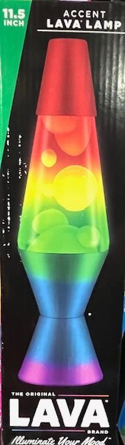 A box for an 11.5-inch Lava brand accent lamp with a multi-colored gradient glass body and base.