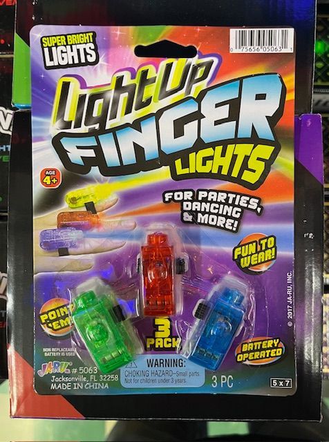 A 3-pack of small red, green, and blue light-up finger lights in their retail packaging.