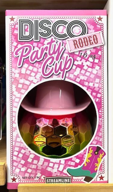 A product box for a pink disco ball party cup with a cowboy hat lid, labeled