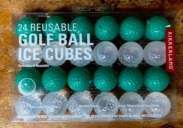 A package of 24 reusable golf ball ice cubes by Kikkerland, featuring alternating rows of green and clear plastic balls.