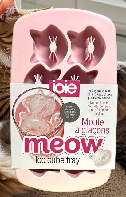 A pink cat-shaped silicone ice cube tray by Joie, featuring a label with a drink containing cat-shaped ice cubes.
