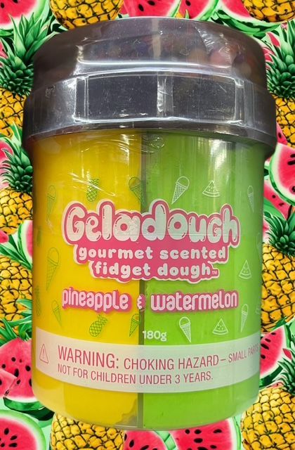 A container of Geladough fidget dough featuring yellow pineapple and green watermelon scents, set against a fruit background.