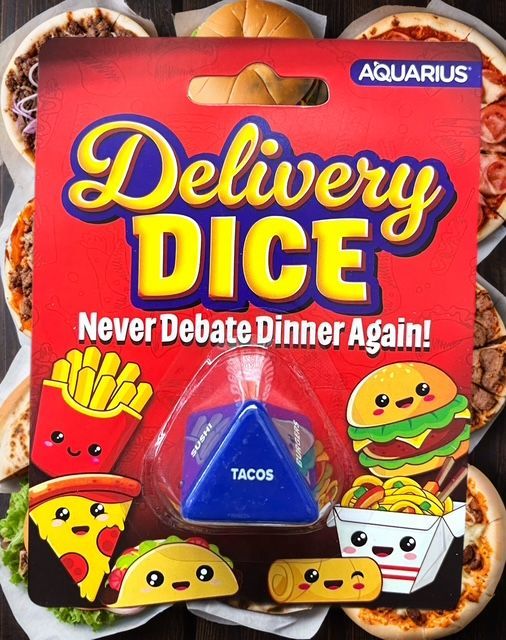An Aquarius Delivery Dice game package featuring a blue triangular die labeled 