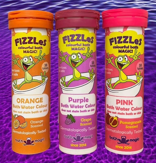 Three tubes of Fizzles bath water tablets in orange, purple, and pink, each featuring a cartoon frog in a bathtub.