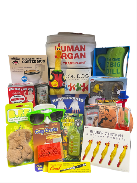 A collection of humorous novelty gifts and gag items, including mugs, games, a rubber chicken, and themed candles.