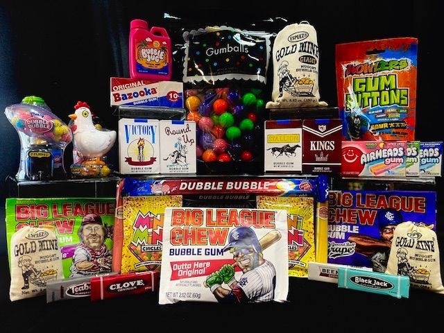 A colorful collection of various vintage and classic bubble gum and candy brands arranged against a black background.