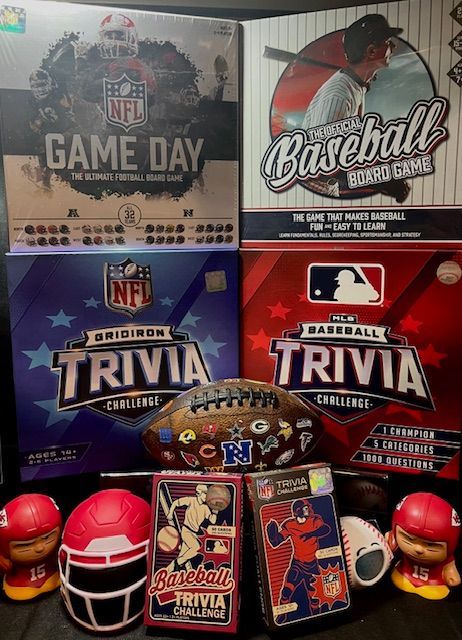 A collection of NFL and MLB themed board games, trivia card sets, a football, miniature helmets, and figurines.