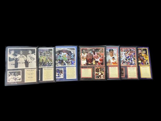 A row of eight framed baseball sports memorabilia displays featuring historical player photos and descriptive plaques.