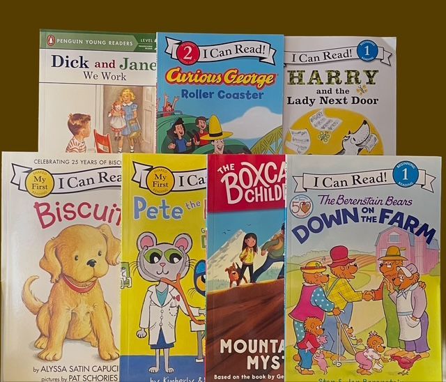 Seven children's books arranged in two rows, featuring titles like 