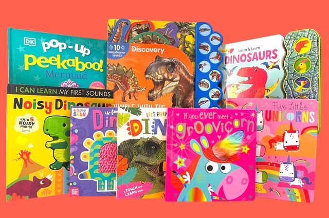 A collection of colorful children's books featuring dinosaurs, unicorns, and mermaid themes on an orange background.