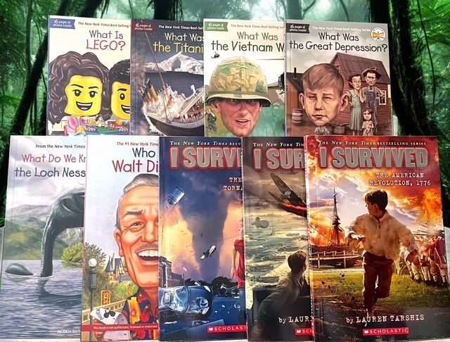 A collection of children's books, including 