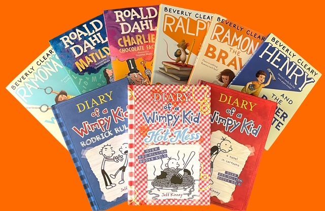 A fan-shaped arrangement of popular children’s chapter books including Diary of a Wimpy Kid, Roald Dahl, and Beverly Cleary.