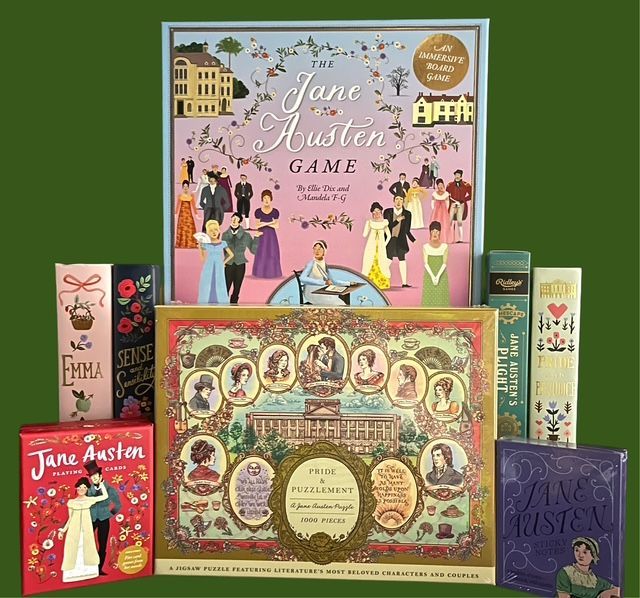 A collection of Jane Austen-themed games and books, including 