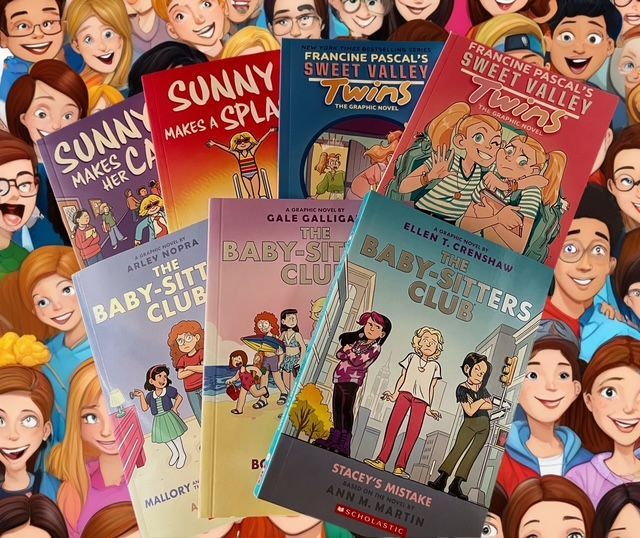 A collection of The Baby-Sitters Club, Sweet Valley Twins, and Sunny graphic novels arranged against a backdrop of faces.