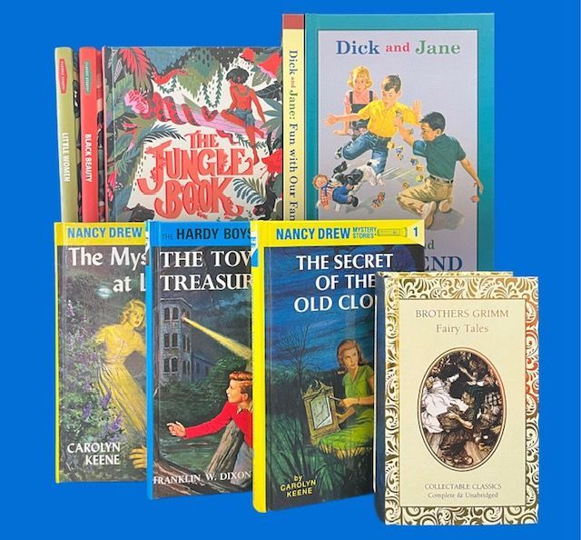 Collection of classic children's books, including The Jungle Book, Dick and Jane, Nancy Drew, and Brothers Grimm Fairy Tales.